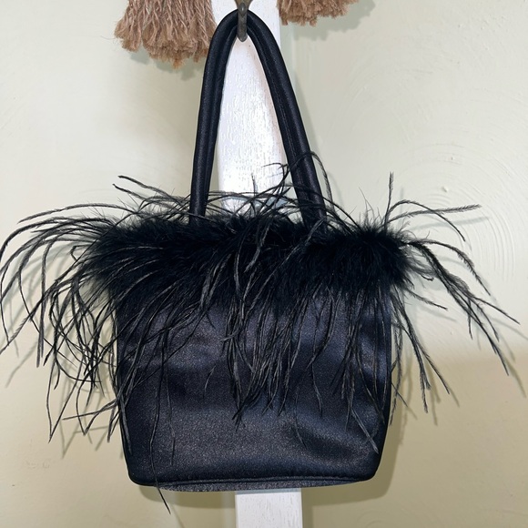 Vintage Inspired Black Satin Tote with Feather Trim - Picture 4 of 4